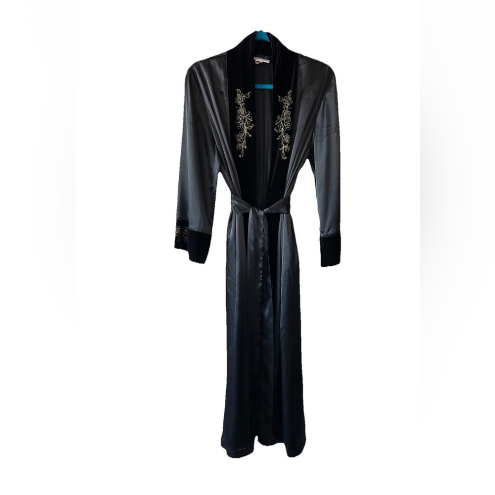 Vintage Black Satin Velvet Trim Robe M Embroidered Goth Boudoir Maxi